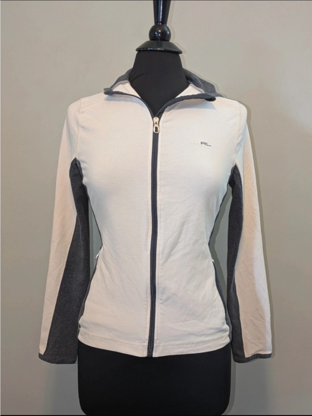 Ralph Lauren White and Gray Hooded Zip-Front Performance Jacket